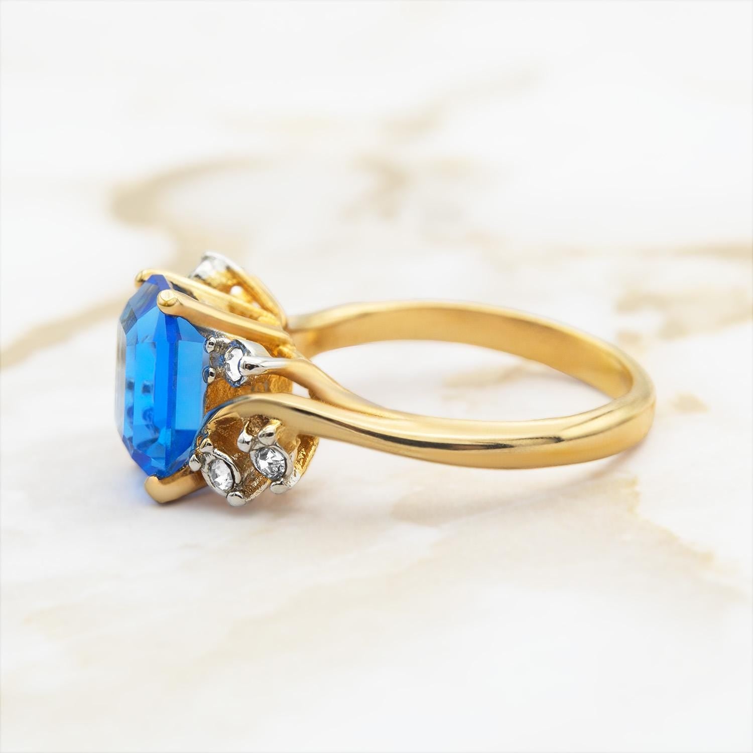 Vintage 1980s Austrian Crystal Blue Topaz Emerald Cut Ring - 18k Gold Electroplated jewelry image 1