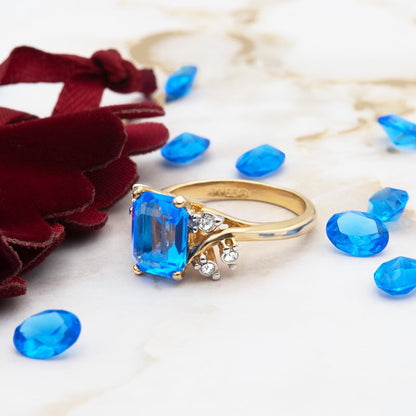 Vintage 1980s Austrian Crystal Blue Topaz Emerald Cut Ring - 18k Gold Electroplated jewelry image 1