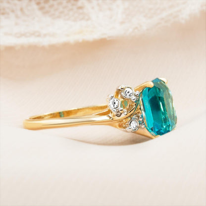 Vintage 1980s Austrian Crystal Zircon Emerald Cut Ring – 18k Gold Electroplated December Birthstone jewelry image 1