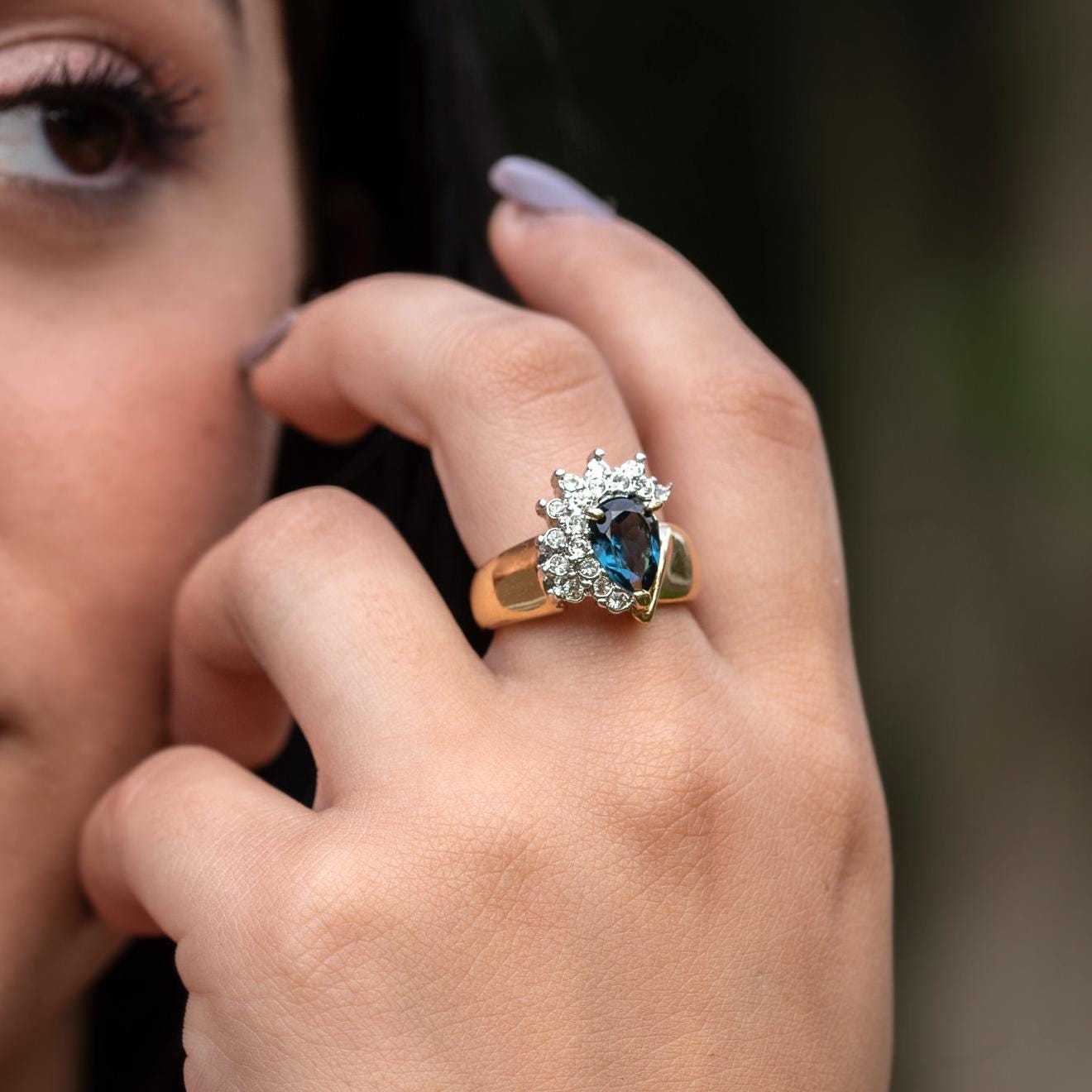 Vintage 1980s Sapphire CZ and Clear Austrian Crystal Ring - 18k Gold Electroplated Two Tone jewelry image 1
