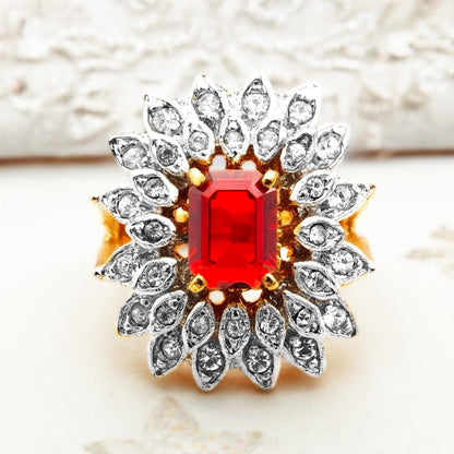 Vintage 1970s Emerald Cut Ruby Red Crystal Cocktail Ring - 18k Gold Electroplated Two-Tone with Clear Austrian Crystals jewelry image 1