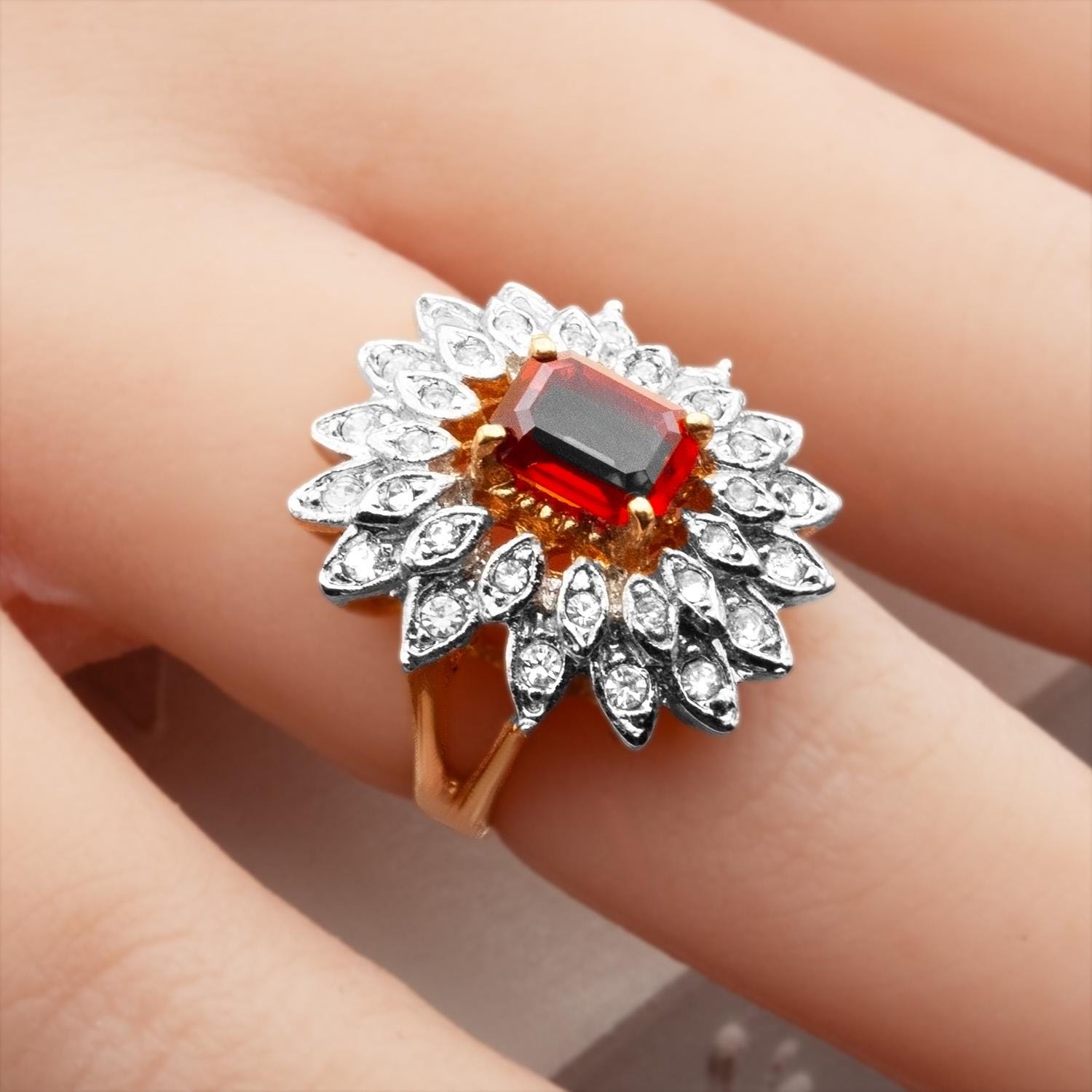 Vintage 1970s Emerald Cut Ruby Red Crystal Cocktail Ring - 18k Gold Electroplated Two-Tone with Clear Austrian Crystals jewelry image 1