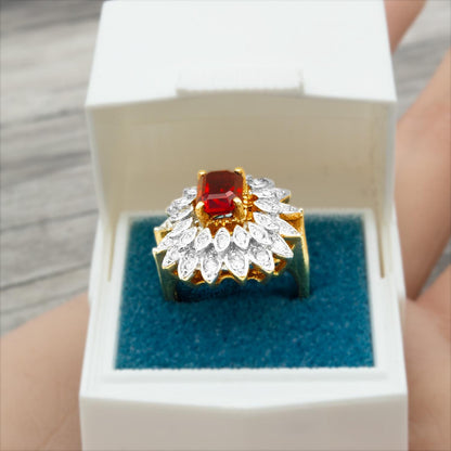 Vintage 1970s Emerald Cut Ruby Red Crystal Cocktail Ring - 18k Gold Electroplated Two-Tone with Clear Austrian Crystals jewelry image 1