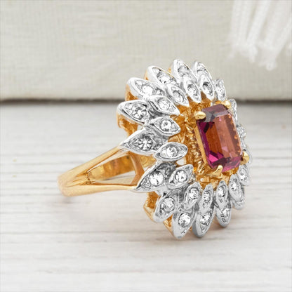 Vintage 1970s Emerald Cut Amethyst Crystal Cocktail Ring - 18k Gold Electroplated Two-Tone with Clear Austrian Crystals jewelry image 1