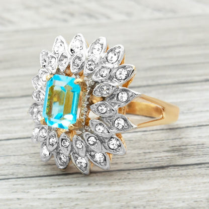 Vintage 1970s Emerald Cut Aquamarine Crystal Cocktail Ring - 18k Gold Electroplated Two-Tone with Clear Austrian Crystals jewelry image 1