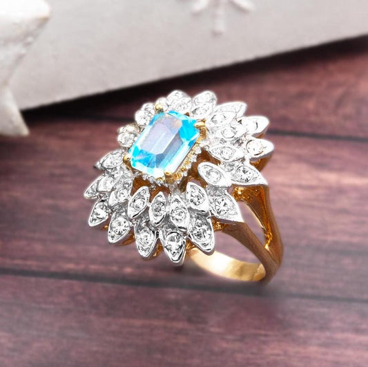 Vintage 1970s Emerald Cut Aquamarine Crystal Cocktail Ring - 18k Gold Electroplated Two-Tone with Clear Austrian Crystals jewelry image 1