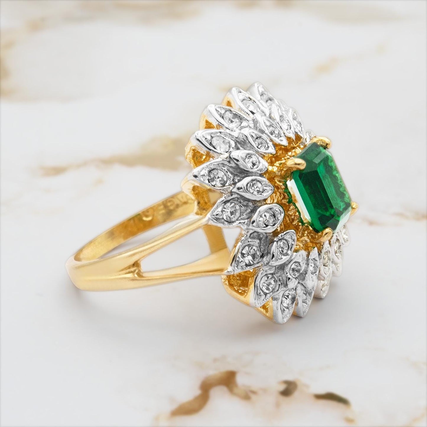 Vintage 1970s Emerald Cut Green Crystal Cocktail Ring - 18k Gold Electroplated Two-Tone with Clear Austrian Crystals jewelry image 1