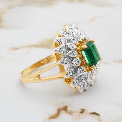 Vintage 1970s Emerald Cut Green Crystal Cocktail Ring - 18k Gold Electroplated Two-Tone with Clear Austrian Crystals jewelry image 1