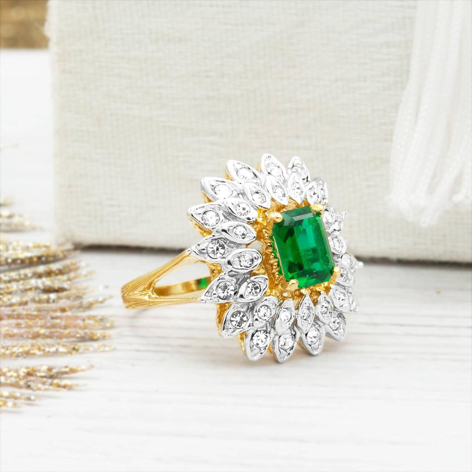 Vintage 1970s Emerald Cut Green Crystal Cocktail Ring - 18k Gold Electroplated Two-Tone with Clear Austrian Crystals jewelry image 1