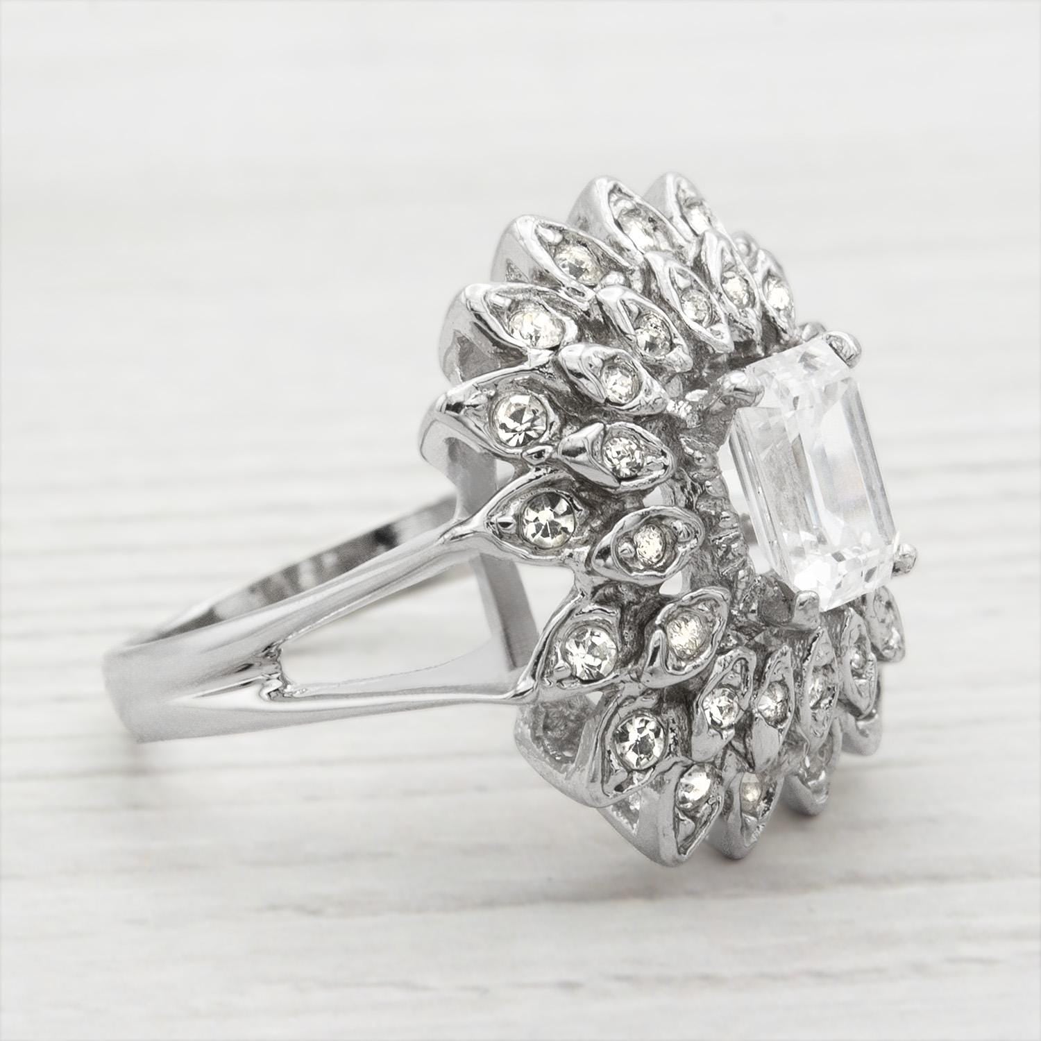 Vintage 1970s Emerald Cut Crystal Cocktail Ring - 18k Gold Electroplated with Clear Austrian Crystals jewelry image 1