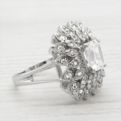 Vintage 1970s Emerald Cut Crystal Cocktail Ring - 18k Gold Electroplated with Clear Austrian Crystals jewelry image 1