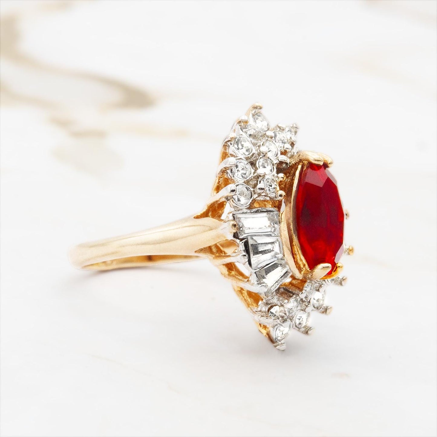 Vintage 1970s Ruby Red Austrian Crystal Marquise Cocktail Ring - 18k White Gold Electroplated, Made in USA jewelry image 1