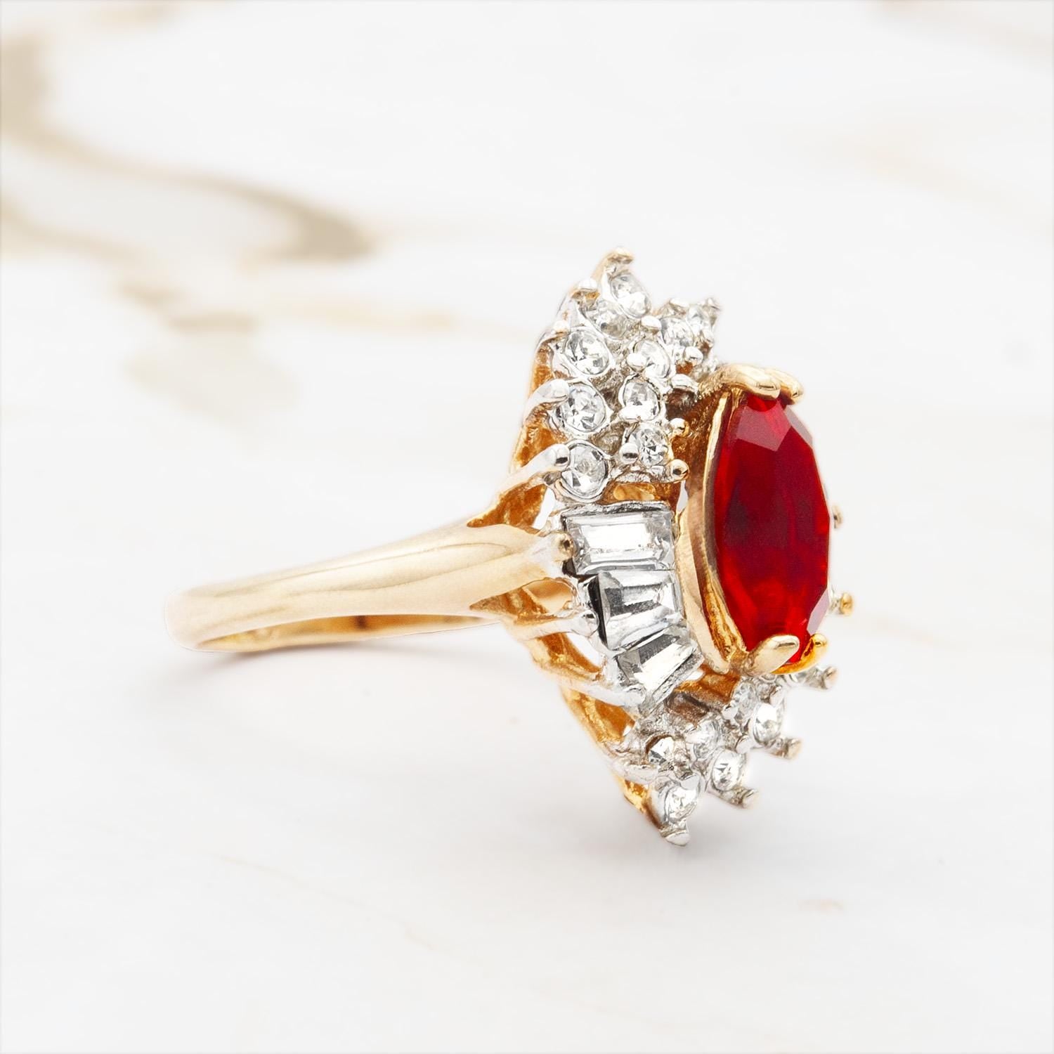 Vintage 1970s Ruby Red Austrian Crystal Marquise Cocktail Ring - 18k White Gold Electroplated, Made in USA jewelry image 1