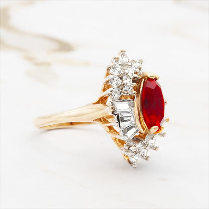 Vintage 1970s Ruby Red Austrian Crystal Marquise Cocktail Ring - 18k White Gold Electroplated, Made in USA jewelry image 1