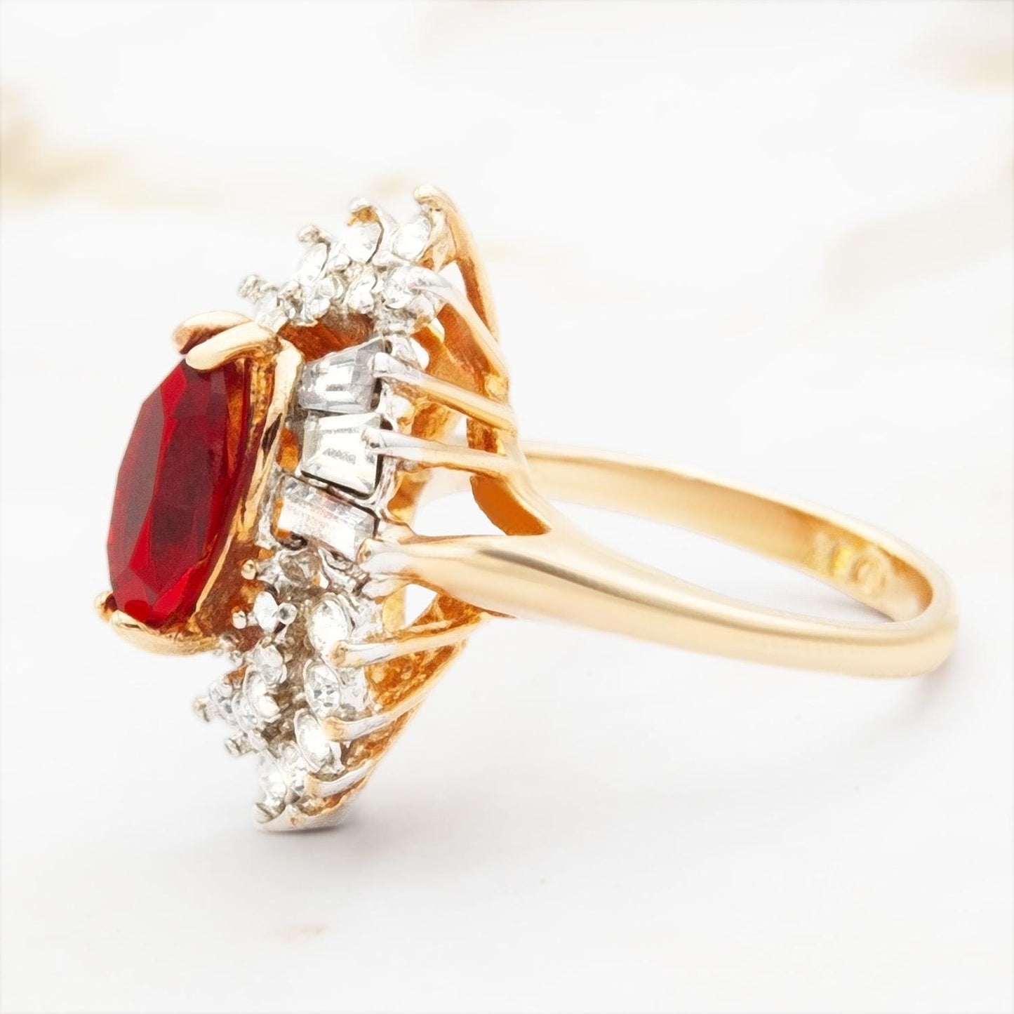 Vintage 1970s Ruby Red Austrian Crystal Marquise Cocktail Ring - 18k White Gold Electroplated, Made in USA jewelry image 1