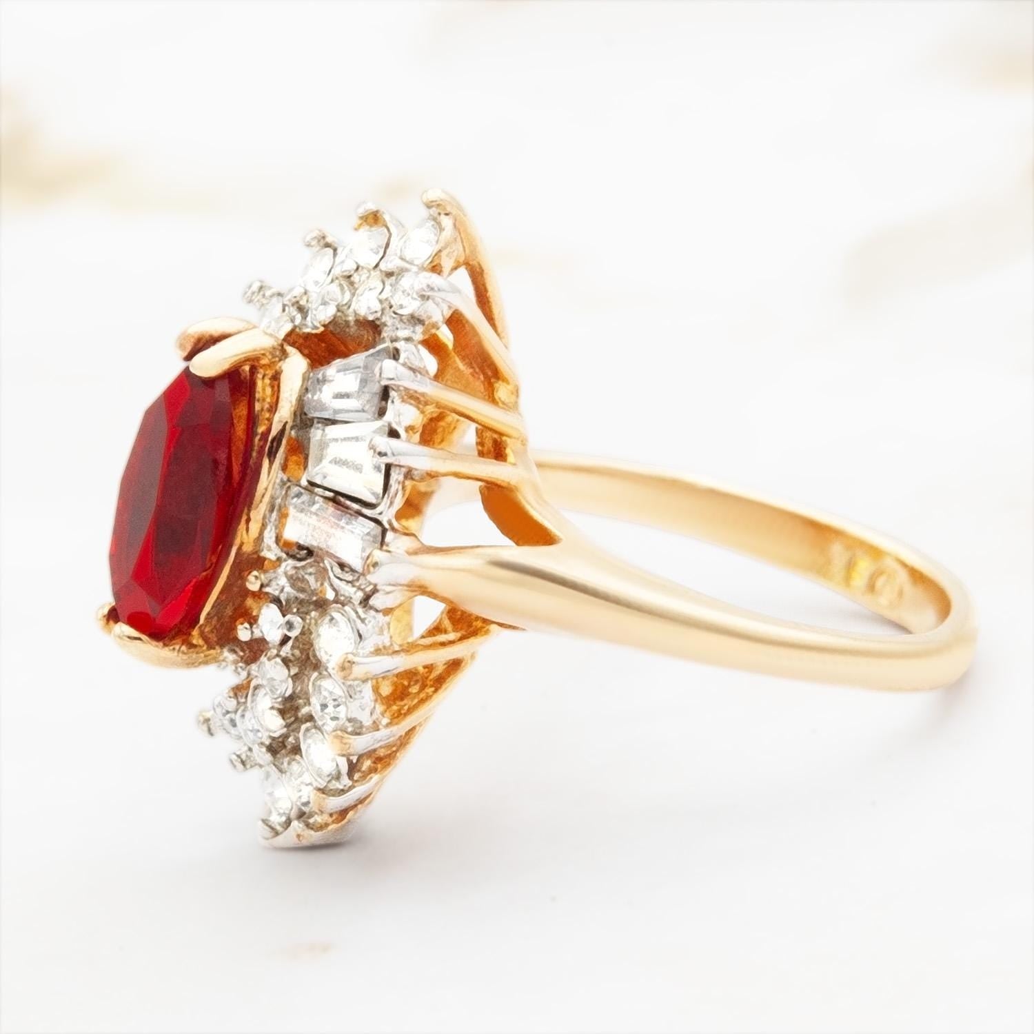 Vintage 1970s Ruby Red Austrian Crystal Marquise Cocktail Ring - 18k White Gold Electroplated, Made in USA jewelry image 1