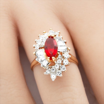 Vintage 1970s Ruby Red Austrian Crystal Marquise Cocktail Ring - 18k White Gold Electroplated, Made in USA jewelry image 1