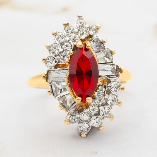 Vintage 1970s Ruby Red Austrian Crystal Marquise Cocktail Ring - 18k White Gold Electroplated, Made in USA jewelry image 1
