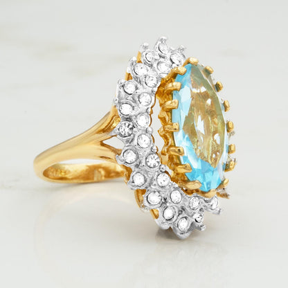 Vintage Aquamarine Austrian Crystal Cocktail Ring – 18k Gold Electroplated jewelry image 1