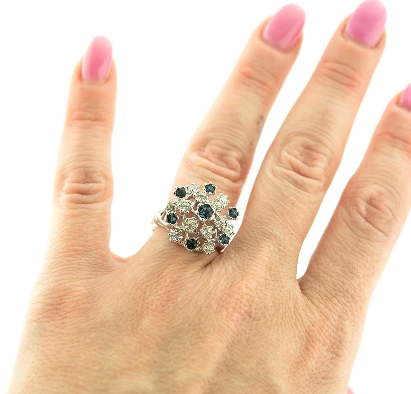 Vintage Sapphire and Clear Austrian Crystal Cocktail Ring - 18k White Gold Electroplate - Made in USA jewelry image 1
