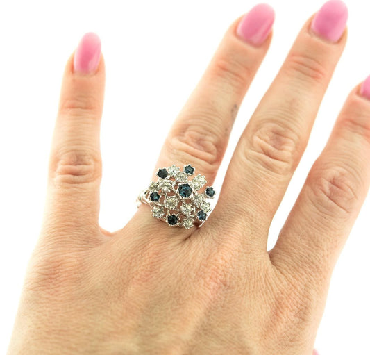 Vintage Sapphire and Clear Austrian Crystal Cocktail Ring - 18k White Gold Electroplate - Made in USA jewelry image 1