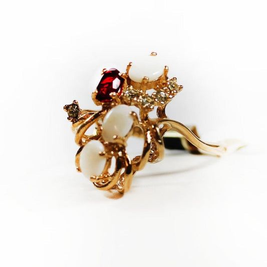 Vintage Genuine Opal Cluster Ring with Ruby and Clear Austrian Crystals – 18k Gold Electroplated jewelry image 1