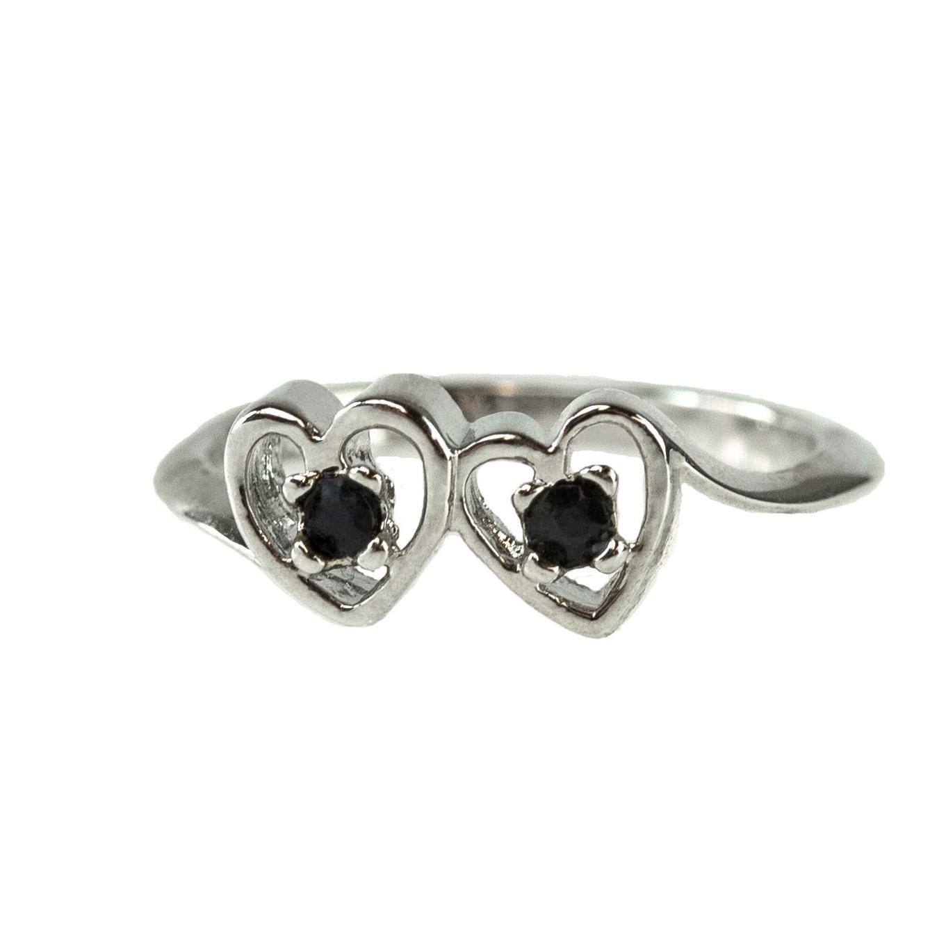 Vintage 1980s double heart ring with two round genuine sapphires in 18K white gold electroplated setting