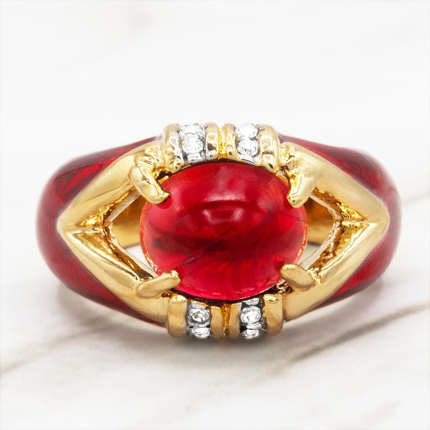 Vintage 1990s Ruby Red Cabochon Crystal and Clear Crystals Dome Ring - 18k Gold Electroplated with Hand Painted Epoxy jewelry image 1