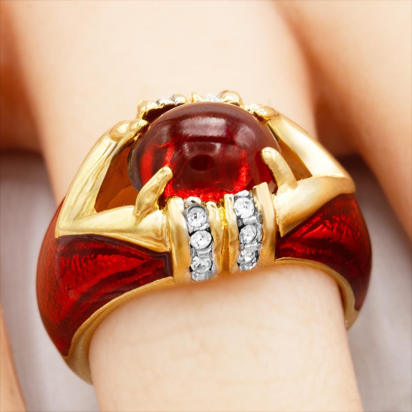 Vintage 1990s Ruby Red Cabochon Crystal and Clear Crystals Dome Ring - 18k Gold Electroplated with Hand Painted Epoxy jewelry image 1