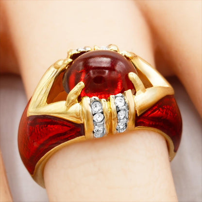 Vintage 1990s Ruby Red Cabochon Crystal and Clear Crystals Dome Ring - 18k Gold Electroplated with Hand Painted Epoxy jewelry image 1