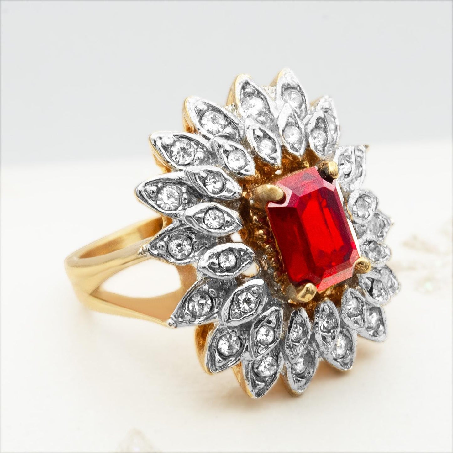 Vintage 1970s Emerald Cut Ruby Red Crystal Cocktail Ring - 18k Gold Electroplated Two-Tone with Clear Austrian Crystals jewelry image 1