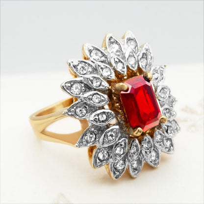 Vintage 1970s Emerald Cut Ruby Red Crystal Cocktail Ring - 18k Gold Electroplated Two-Tone with Clear Austrian Crystals jewelry image 1