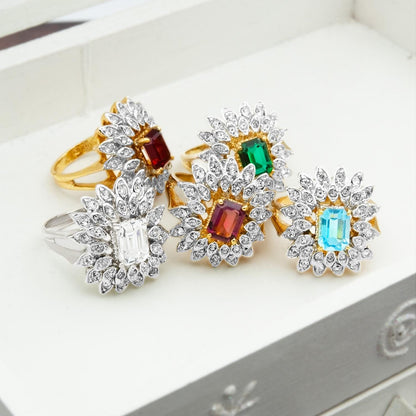 Vintage 1970s Emerald Cut Crystal Cocktail Ring - 18k Gold Electroplated with Clear Austrian Crystals jewelry image 1