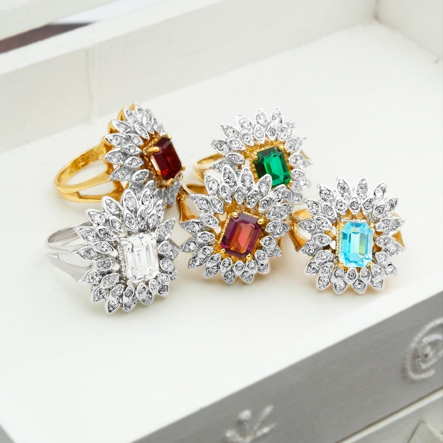 Vintage 1970s Emerald Cut Aquamarine Crystal Cocktail Ring - 18k Gold Electroplated Two-Tone with Clear Austrian Crystals jewelry image 1