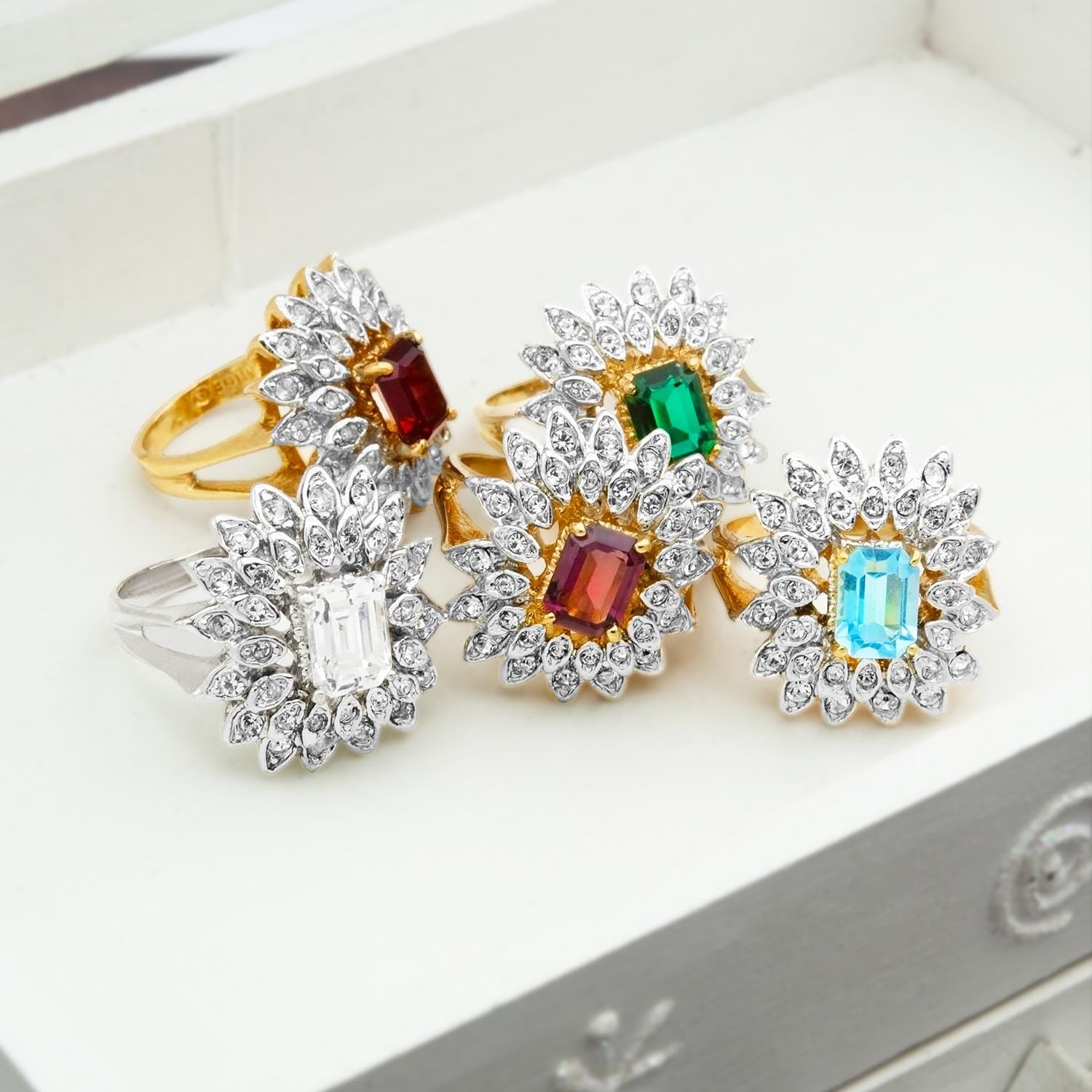 Vintage 1970s Emerald Cut Aquamarine Crystal Cocktail Ring - 18k Gold Electroplated Two-Tone with Clear Austrian Crystals jewelry image 1