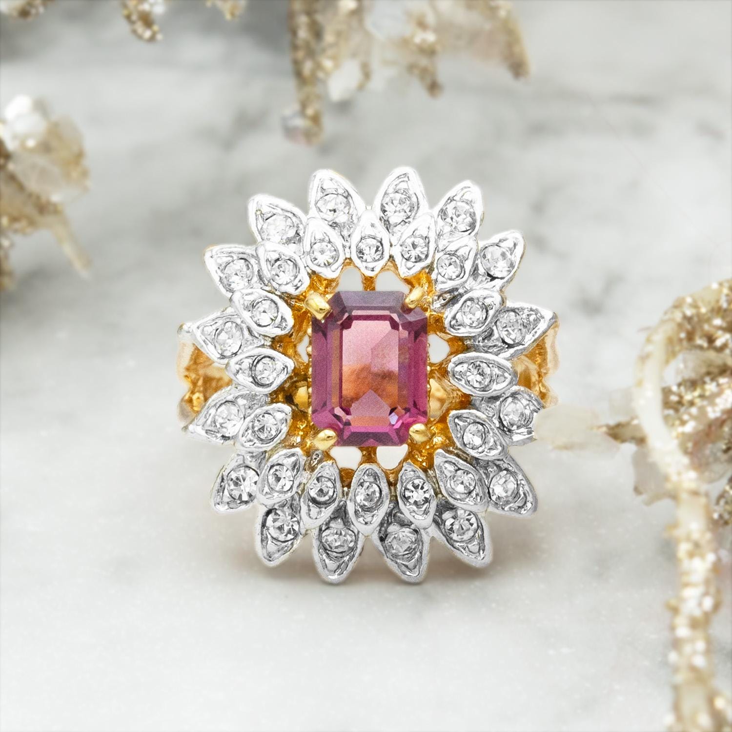 Vintage 1970s Emerald Cut Amethyst Crystal Cocktail Ring - 18k Gold Electroplated Two-Tone with Clear Austrian Crystals jewelry image 1