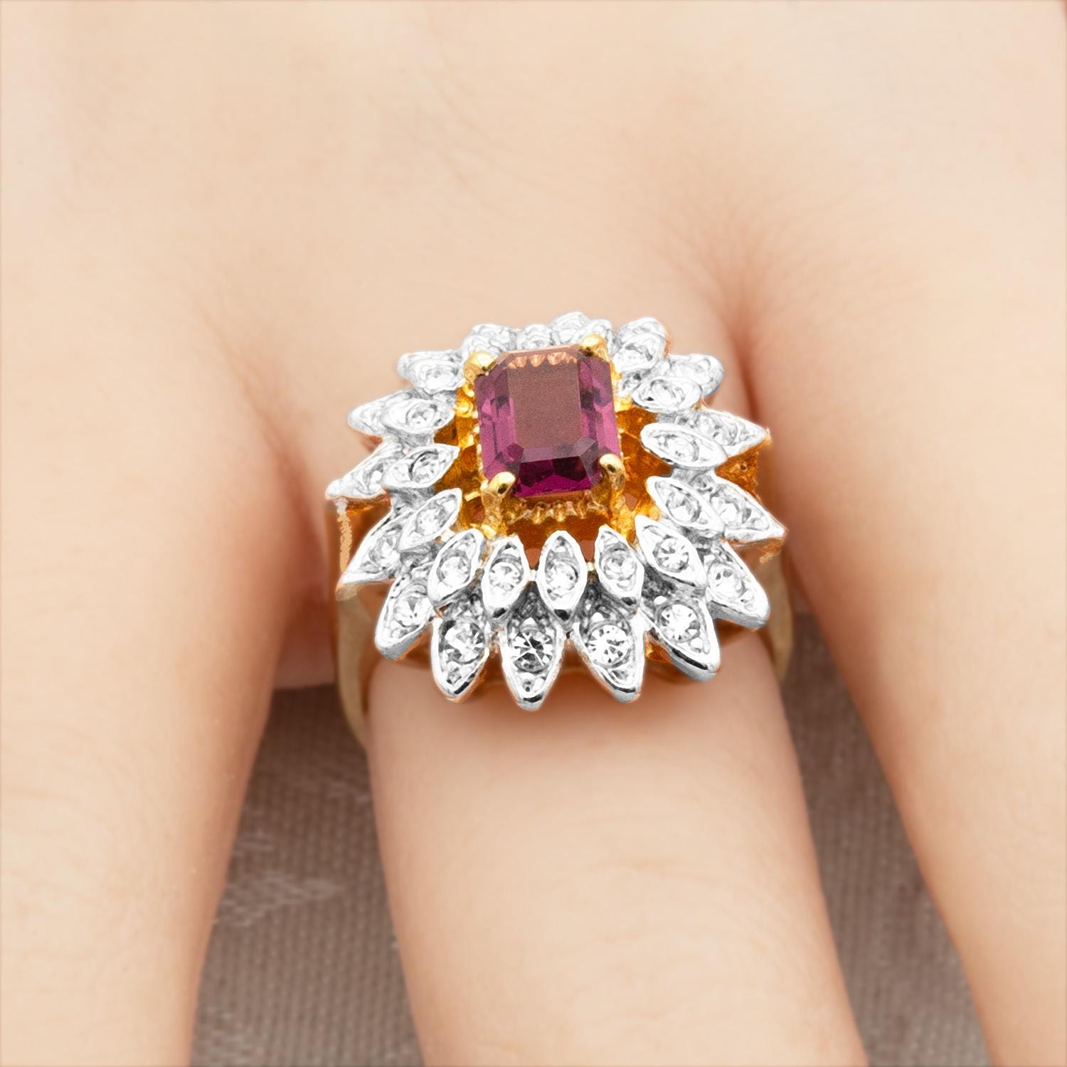 Vintage 1970s Emerald Cut Amethyst Crystal Cocktail Ring - 18k Gold Electroplated Two-Tone with Clear Austrian Crystals jewelry image 1