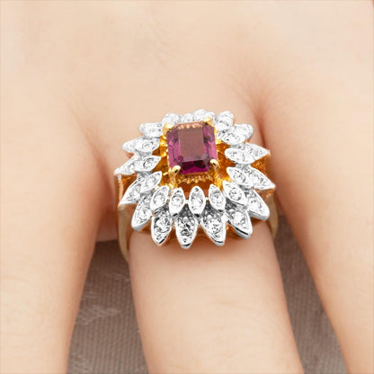 Vintage 1970s Emerald Cut Amethyst Crystal Cocktail Ring - 18k Gold Electroplated Two-Tone with Clear Austrian Crystals jewelry image 1