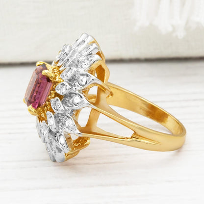Vintage 1970s Emerald Cut Amethyst Crystal Cocktail Ring - 18k Gold Electroplated Two-Tone with Clear Austrian Crystals jewelry image 1