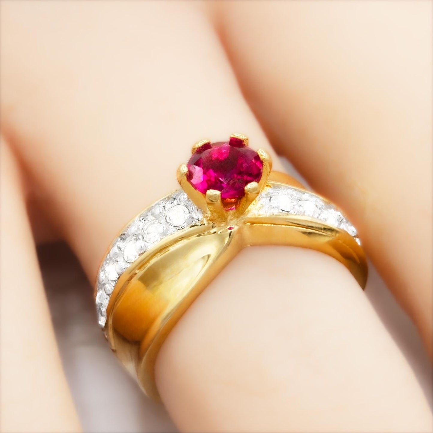 Vintage 1980s Ruby CZ Solitaire Engagement Style Ring - 18KT HGE Gold Plated jewelry image 1