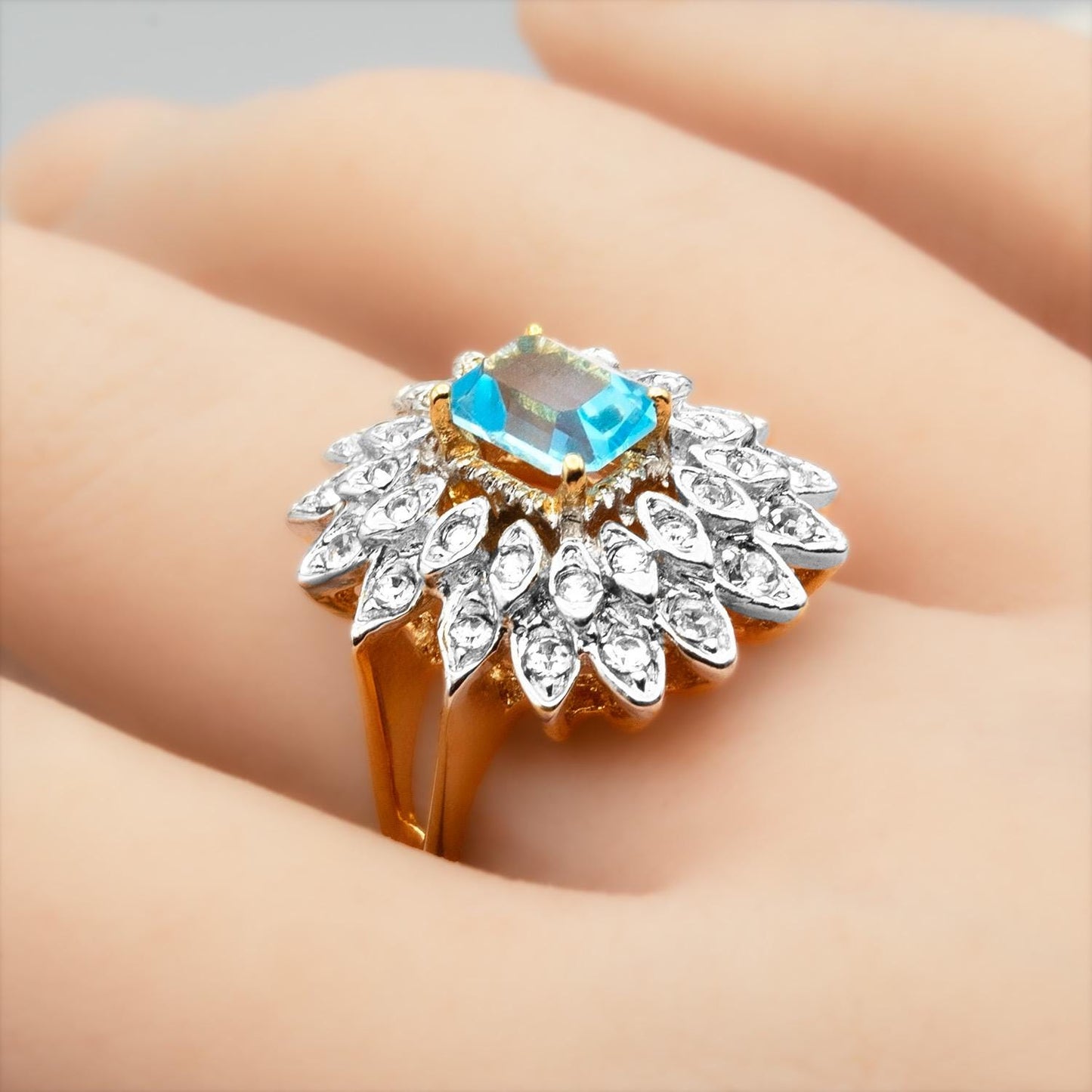 Vintage 1970s Emerald Cut Aquamarine Crystal Cocktail Ring - 18k Gold Electroplated Two-Tone with Clear Austrian Crystals jewelry image 1