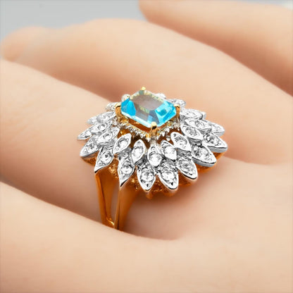 Vintage 1970s Emerald Cut Aquamarine Crystal Cocktail Ring - 18k Gold Electroplated Two-Tone with Clear Austrian Crystals jewelry image 1