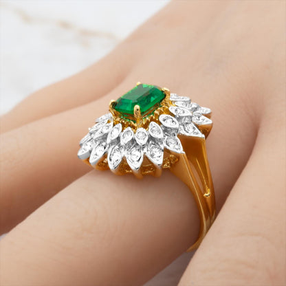 Vintage 1970s Emerald Cut Green Crystal Cocktail Ring - 18k Gold Electroplated Two-Tone with Clear Austrian Crystals jewelry image 1