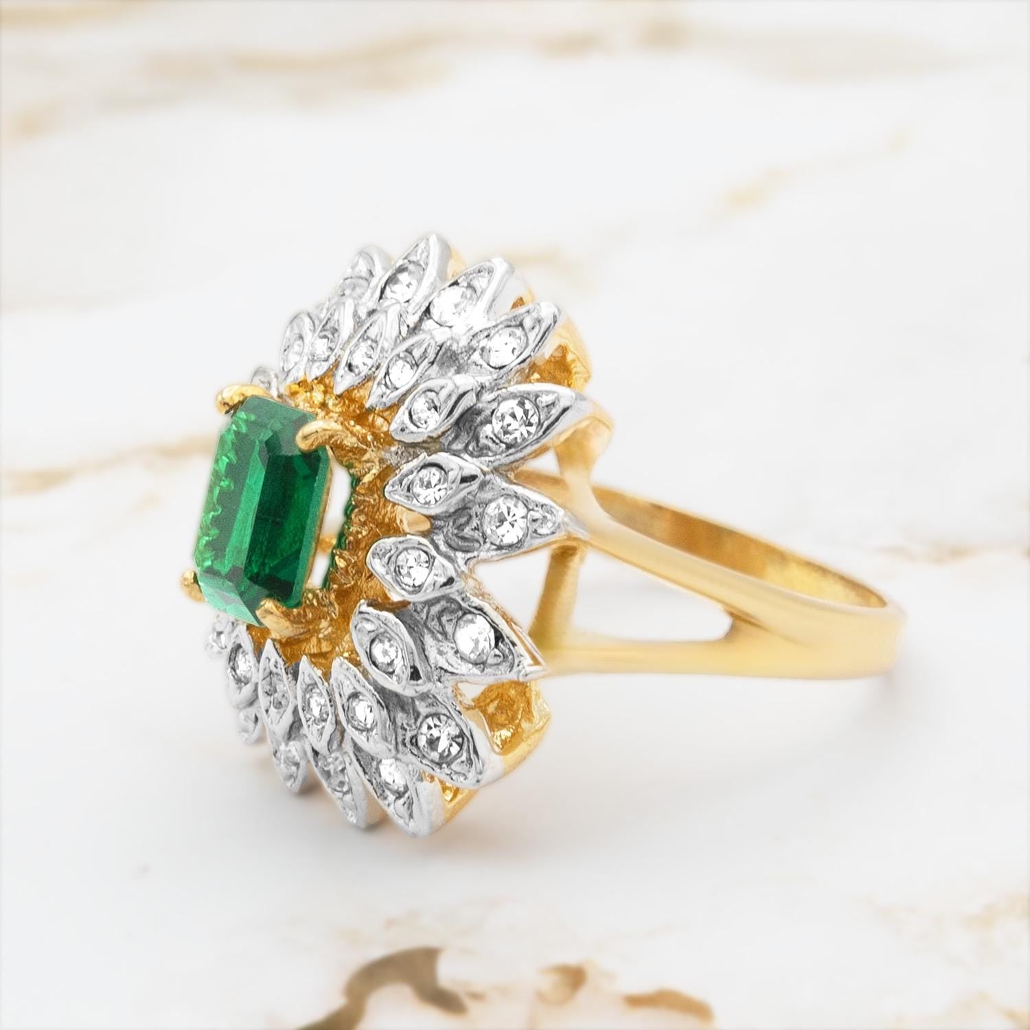 Vintage 1970s Emerald Cut Green Crystal Cocktail Ring - 18k Gold Electroplated Two-Tone with Clear Austrian Crystals jewelry image 1