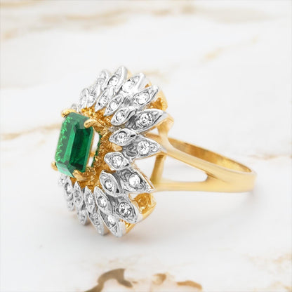 Vintage 1970s Emerald Cut Green Crystal Cocktail Ring - 18k Gold Electroplated Two-Tone with Clear Austrian Crystals jewelry image 1