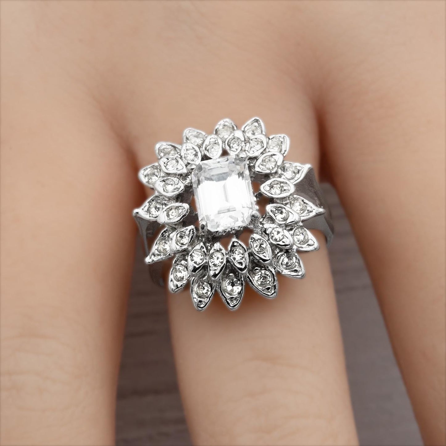 Vintage 1970s Emerald Cut Crystal Cocktail Ring - 18k Gold Electroplated with Clear Austrian Crystals jewelry image 1
