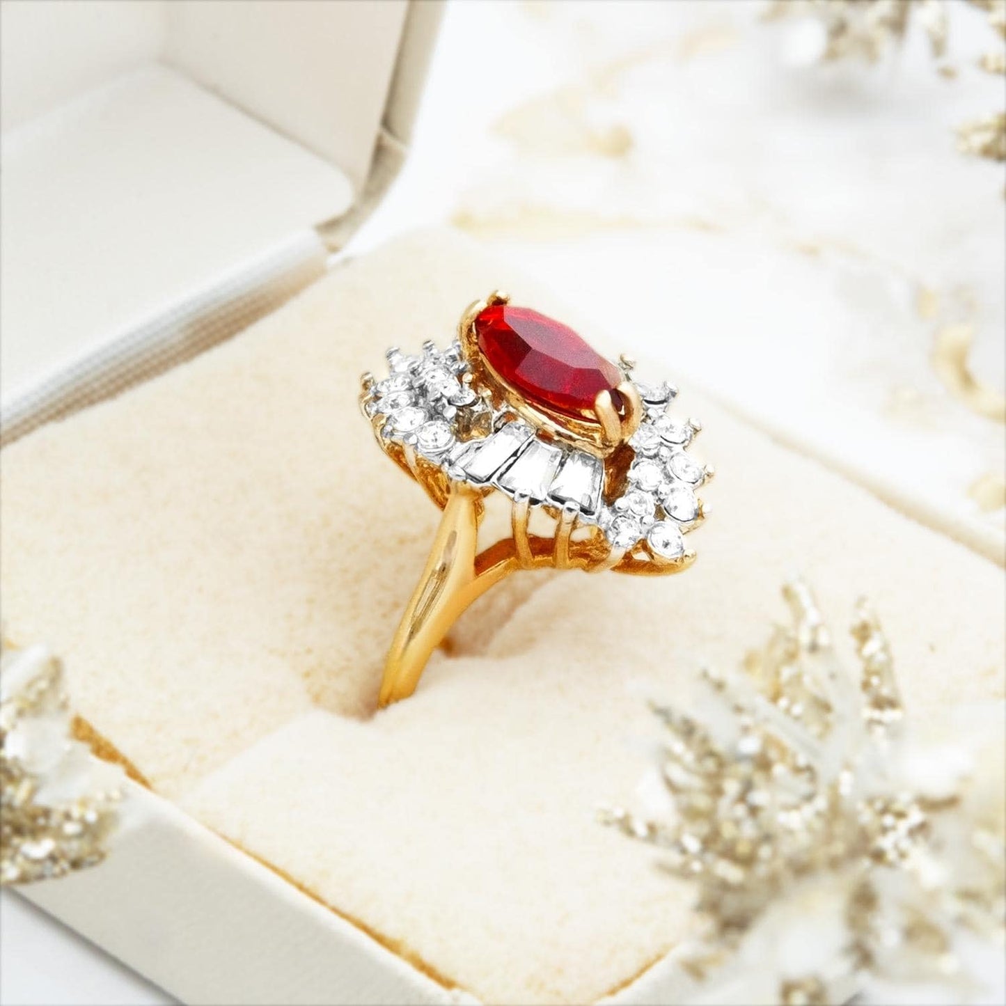 Vintage 1970s Ruby Red Austrian Crystal Marquise Cocktail Ring - 18k White Gold Electroplated, Made in USA jewelry image 1