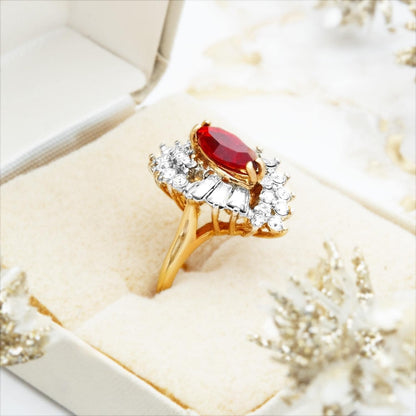 Vintage 1970s Ruby Red Austrian Crystal Marquise Cocktail Ring - 18k White Gold Electroplated, Made in USA jewelry image 1