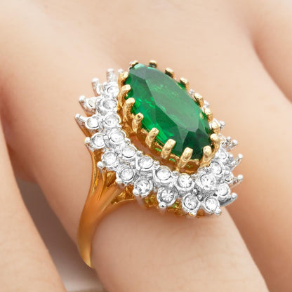 Vintage Emerald Green Austrian Crystal Cocktail Ring - 18k Gold Electroplated jewelry image 1