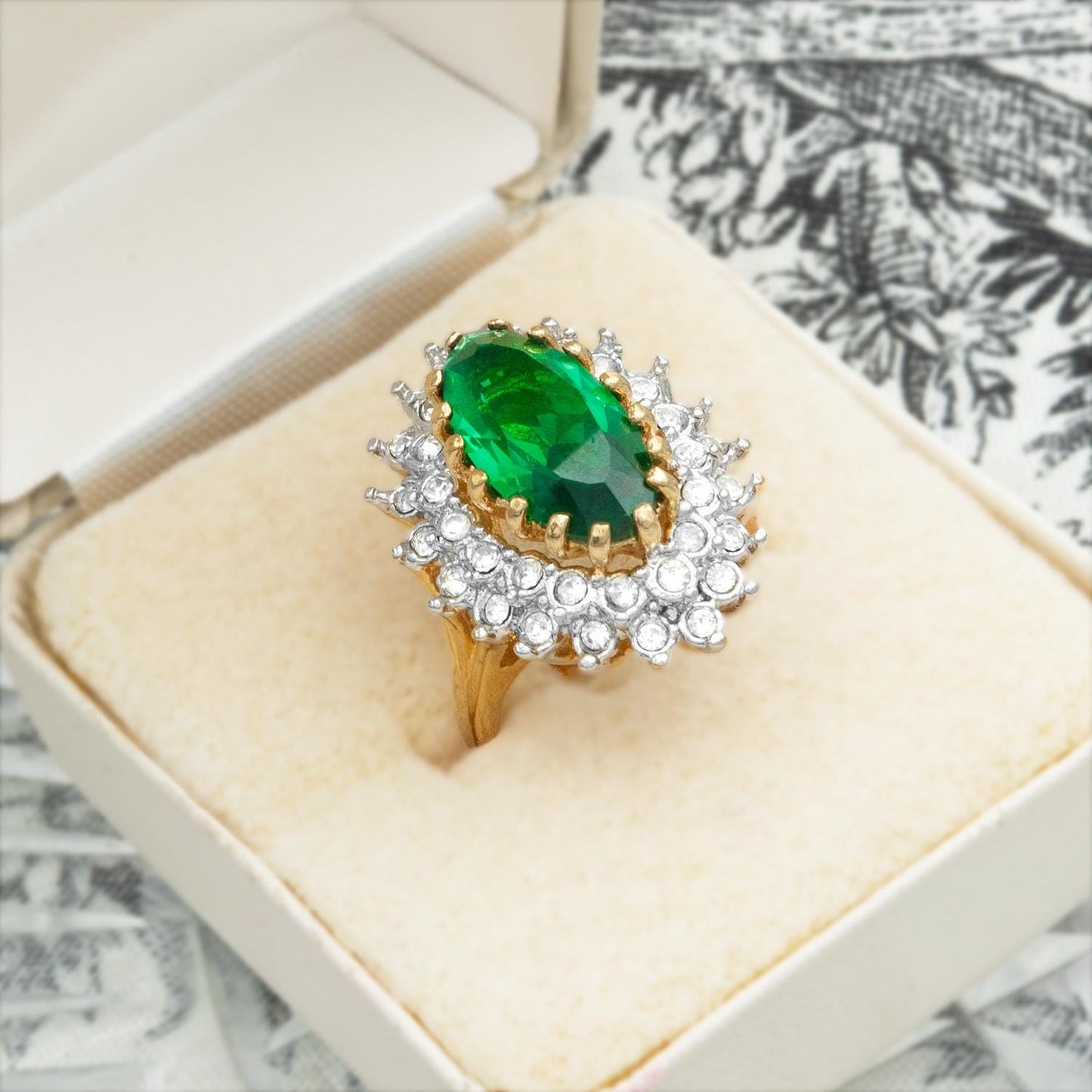 Vintage Emerald Green Austrian Crystal Cocktail Ring - 18k Gold Electroplated jewelry image 1